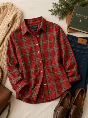 Talbots Red Green Navy Plaid Petite Button-Up